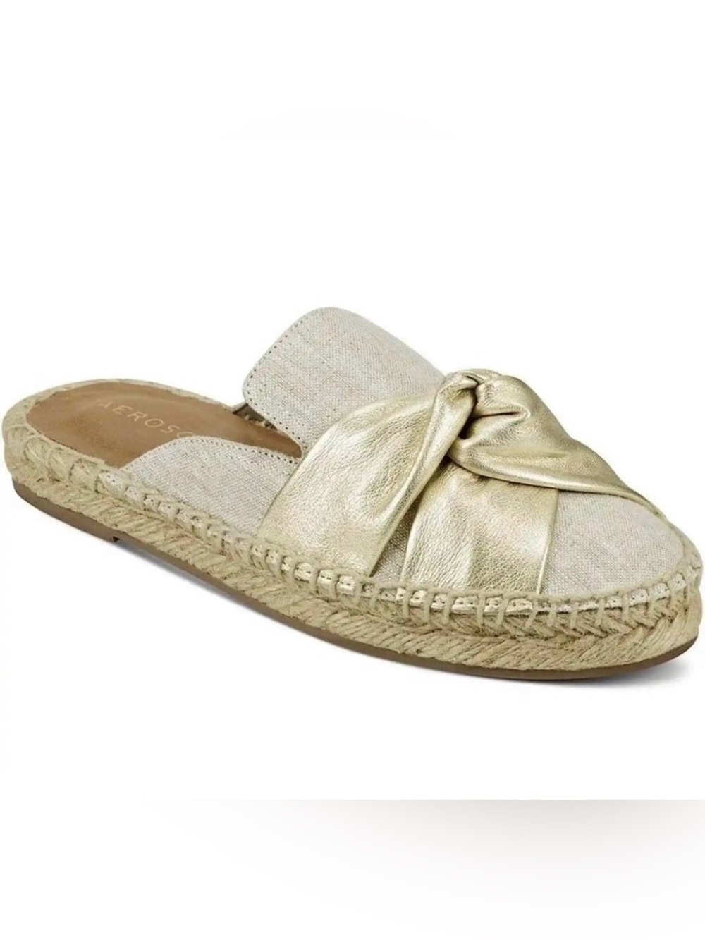 NWOT Aerosoles Slip On Espadrille Mules Oakfield Linen Leather Gold Fabric 11